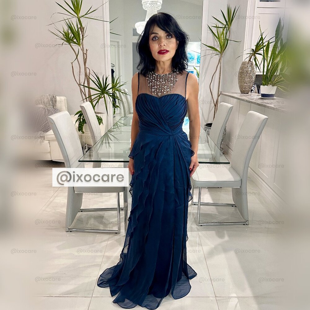 Adrianna Papell Navy Beaded Mesh Mock Neck Gown Size 8